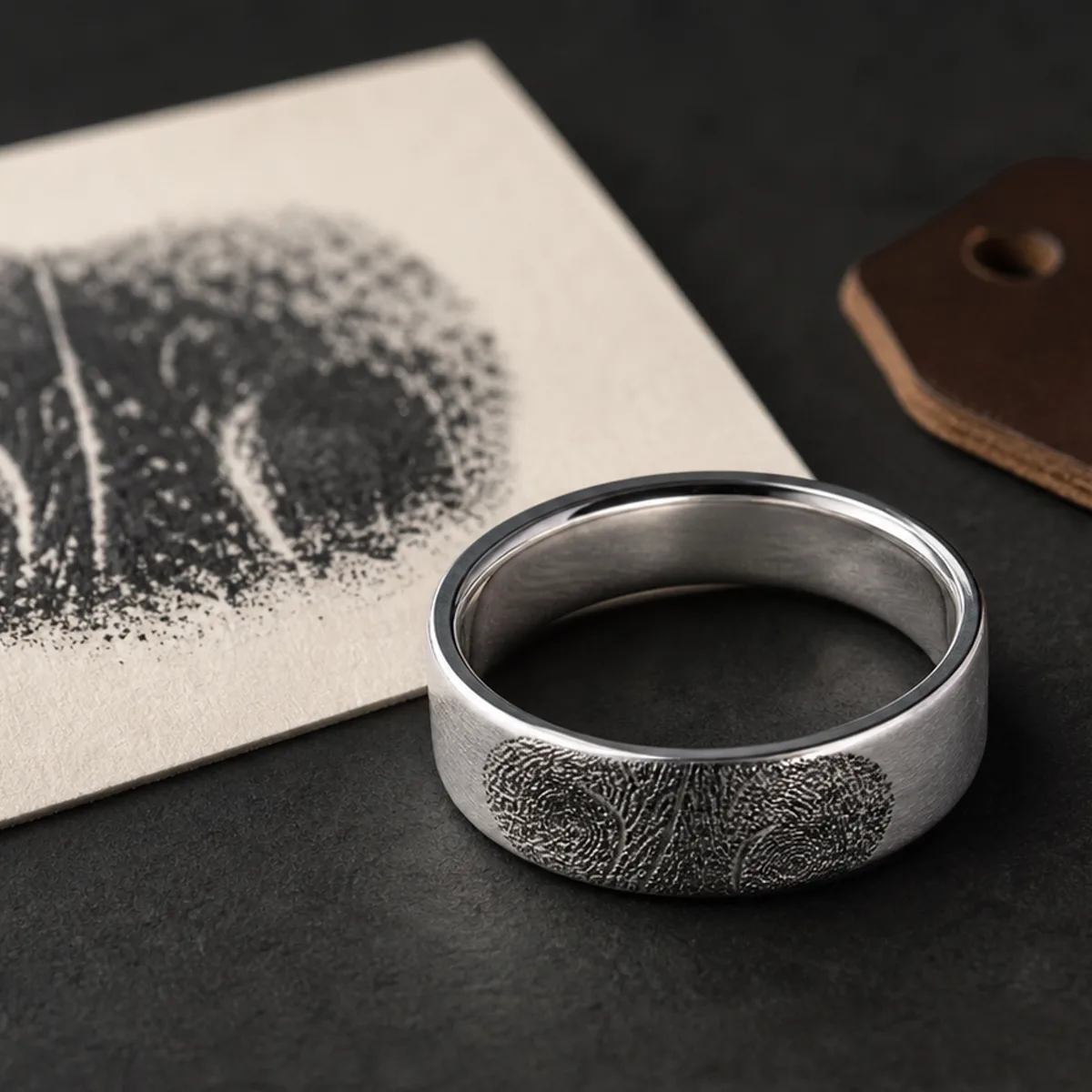 Custom dog nose print ring design mockup with a clear nose print texture and a compact silver band