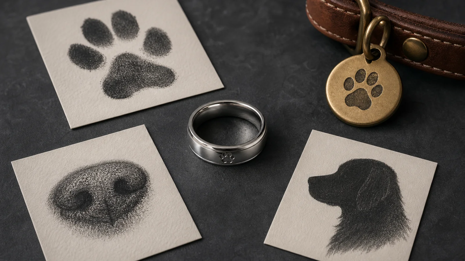 Dog ashes memorial ring design with a photo-based symbol and a private remembrance line