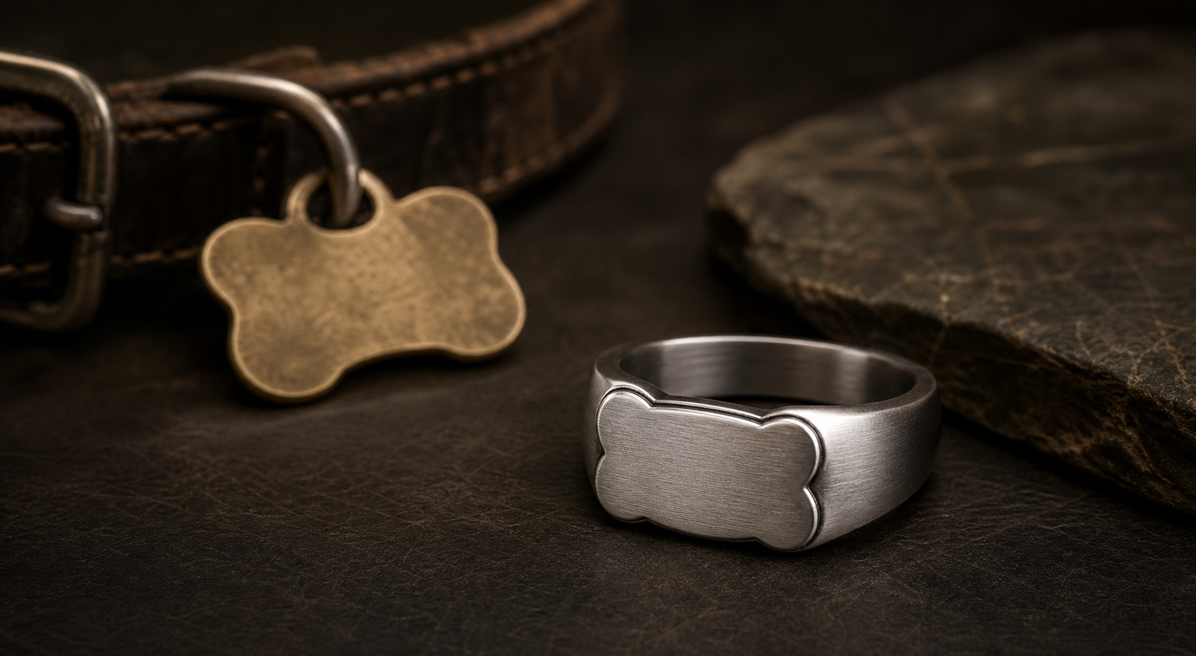Premium dog collar tag memorial ring image with a silver ring and blank brass collar tag