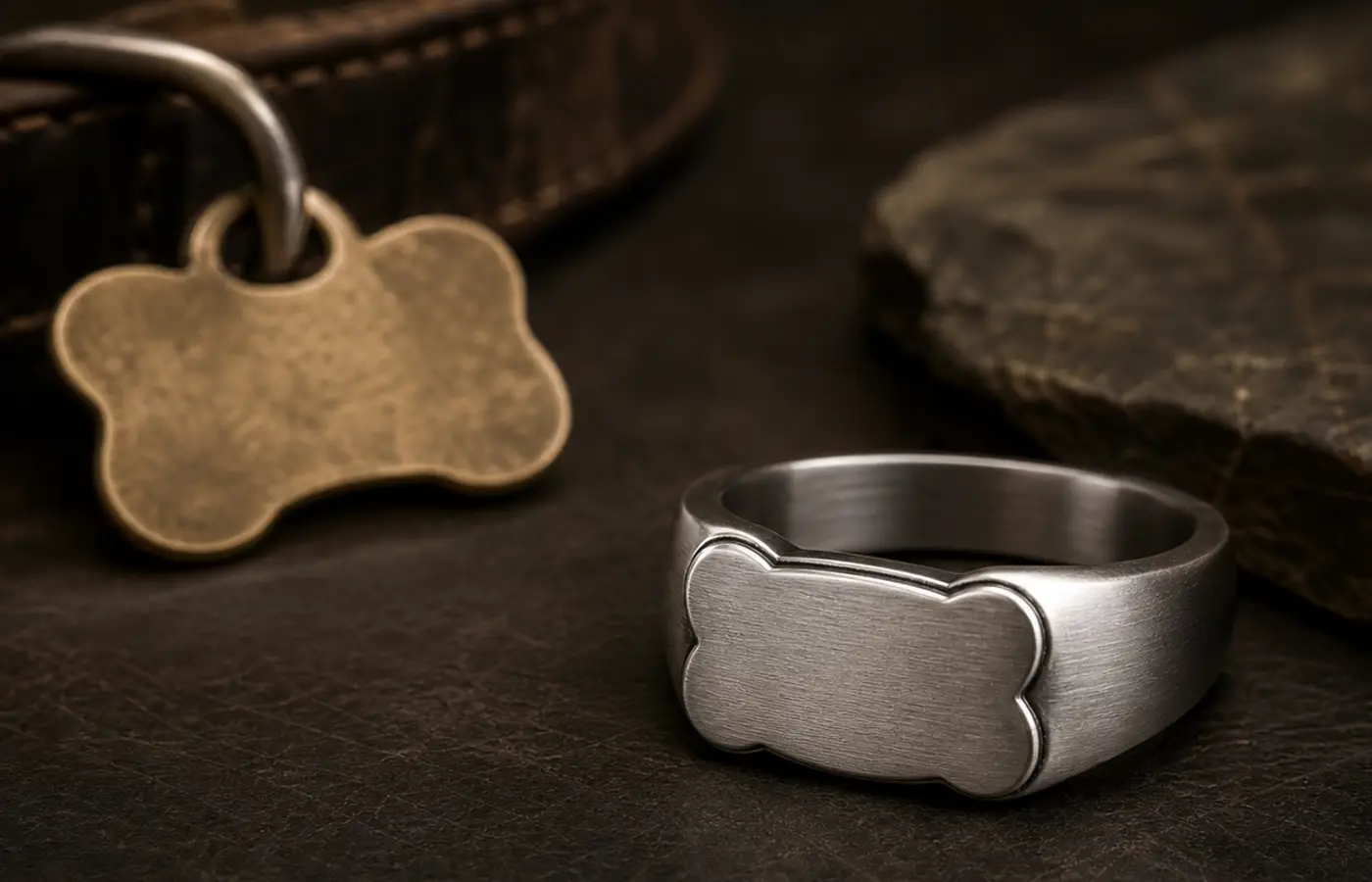 Dog collar tag memorial ring guide with a silver band, worn pet tag, name card, and quiet keepsake styling