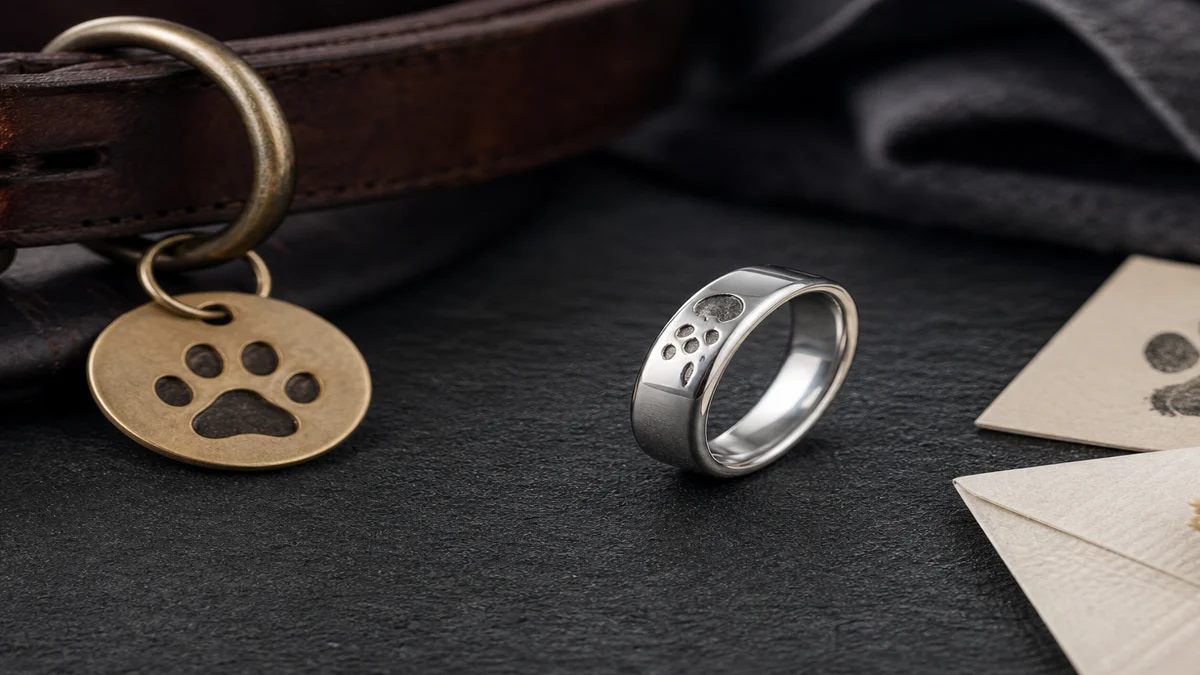 Dog fur memorial ring with a clean silver engraving derived from a fur texture or coat color reference