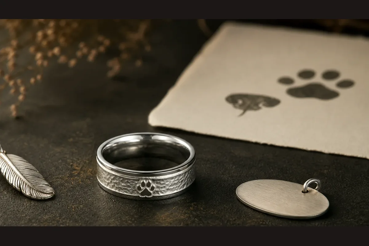 Dog memorial ring after euthanasia with a quiet silver band, paw source card, and gentle farewell note