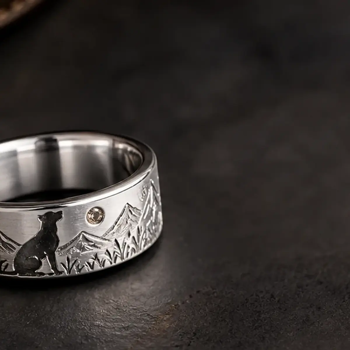 Dog memorial anniversary ring with clean date placement and a quiet symbol