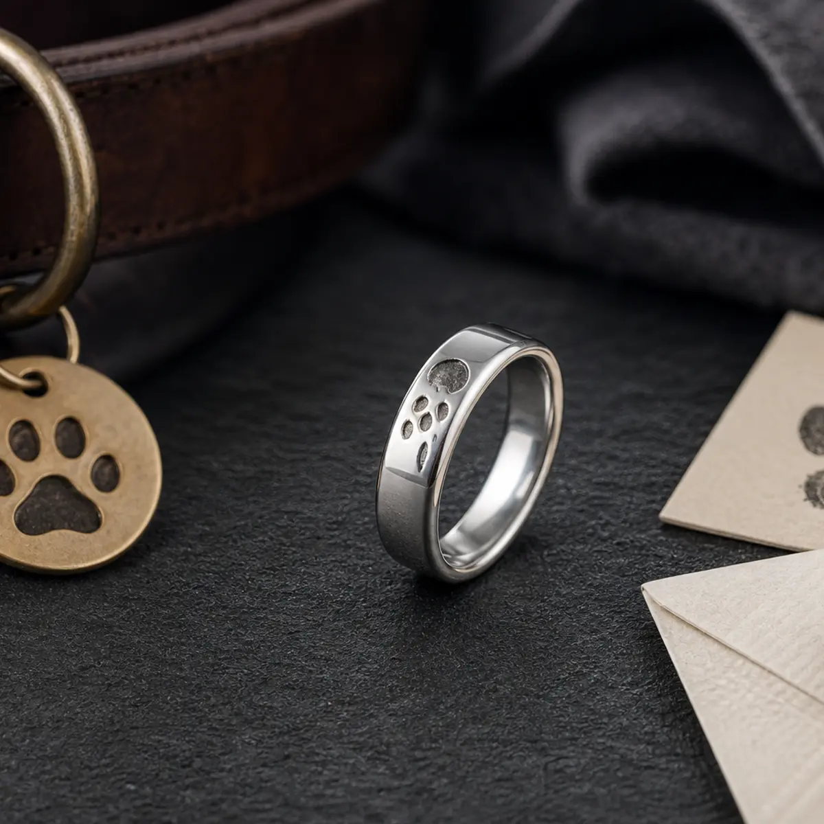 Dog memorial ring using coordinates and one supporting symbol for a meaningful place marker