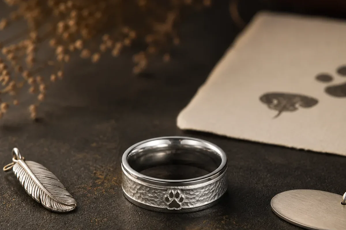 Dog memorial ring for first holidays with a quiet silver band, collar keepsake, and simple gift note
