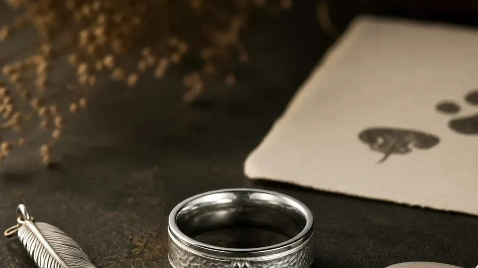 Dog memorial ring for Christmas with a quiet silver band, collar tag, and simple gift note