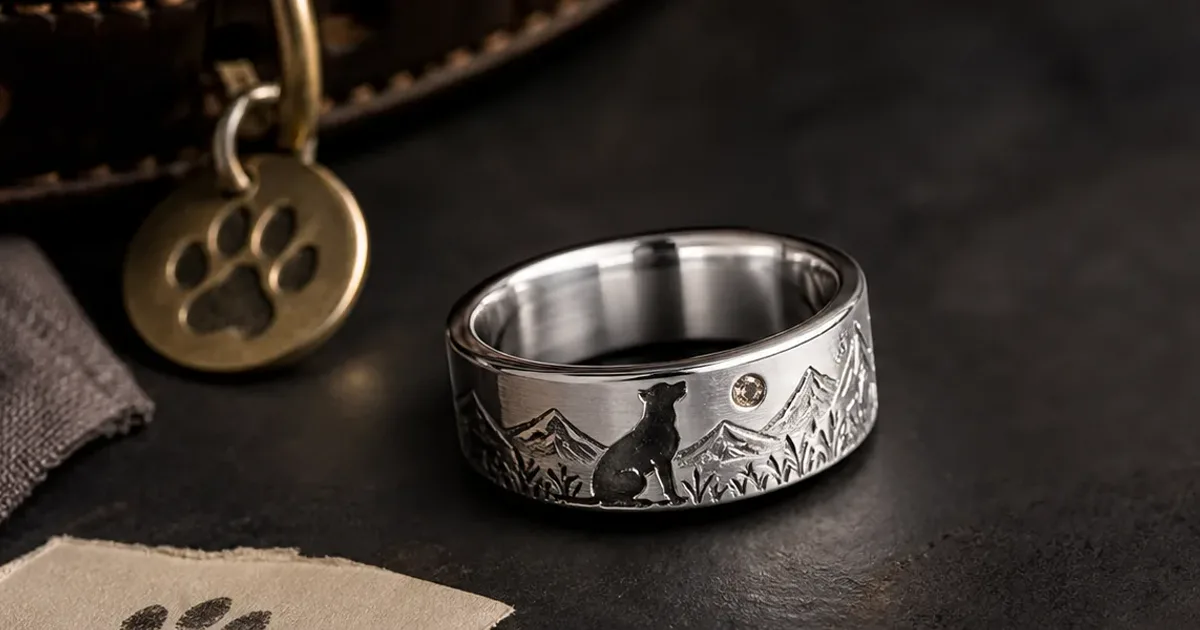 Dog memorial ring for dad with a brushed silver band, collar tag, paw source card, and quiet masculine keepsake details