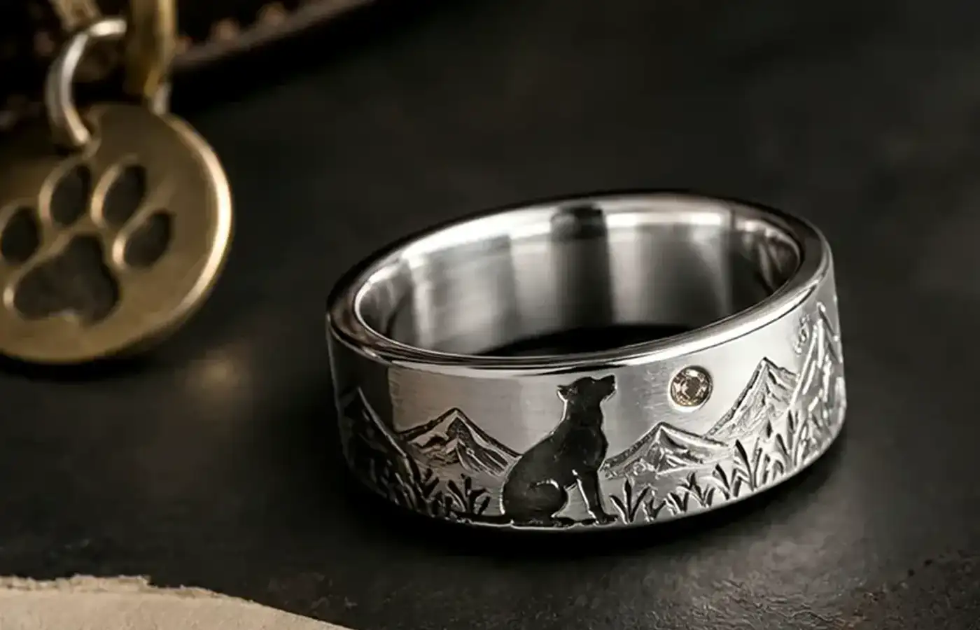 Dog memorial ring for grandma with a soft silver band, small paw keepsake, name card, and gentle remembrance styling