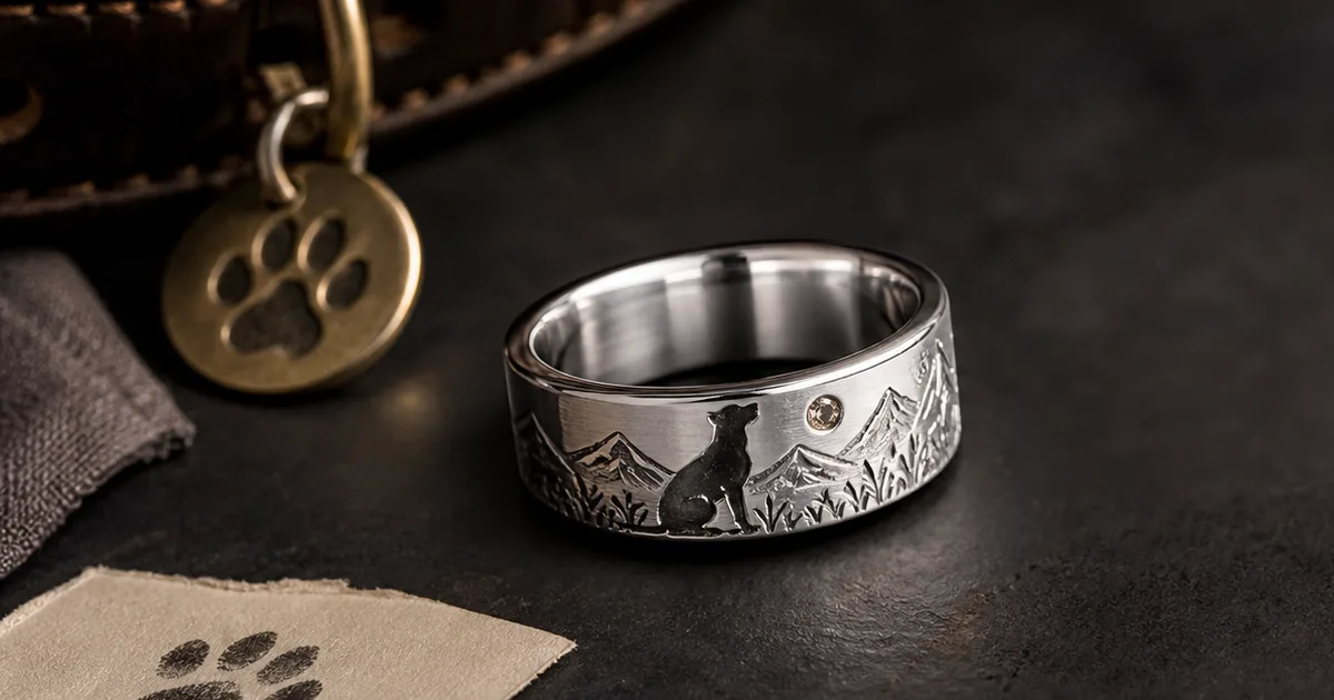 Dog memorial ring for men shown with a darker brushed band and clean paw print engraving