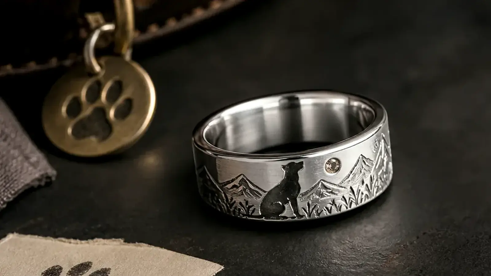 Dog memorial ring for mom with a silver band, soft photo keepsake, and private phrase card