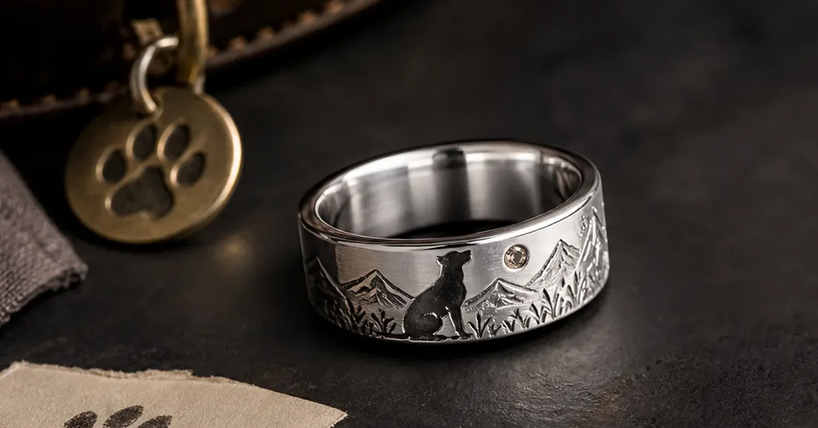 Dog memorial ring for women example with a clean silver design and a subtle personal tribute detail