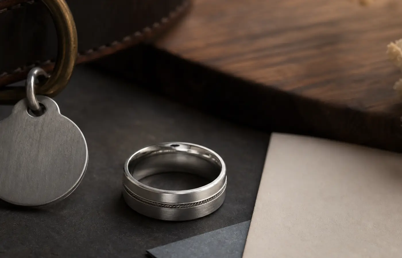Dog memorial ring from handwritten note with a silver band, short handwriting sample, and pet photo keepsake