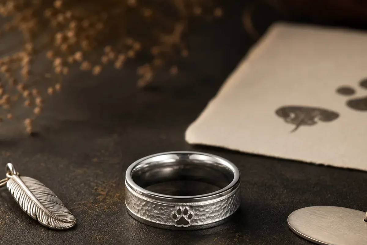 Dog memorial ring gift for child with a small silver band, paw card, and simple remembrance note