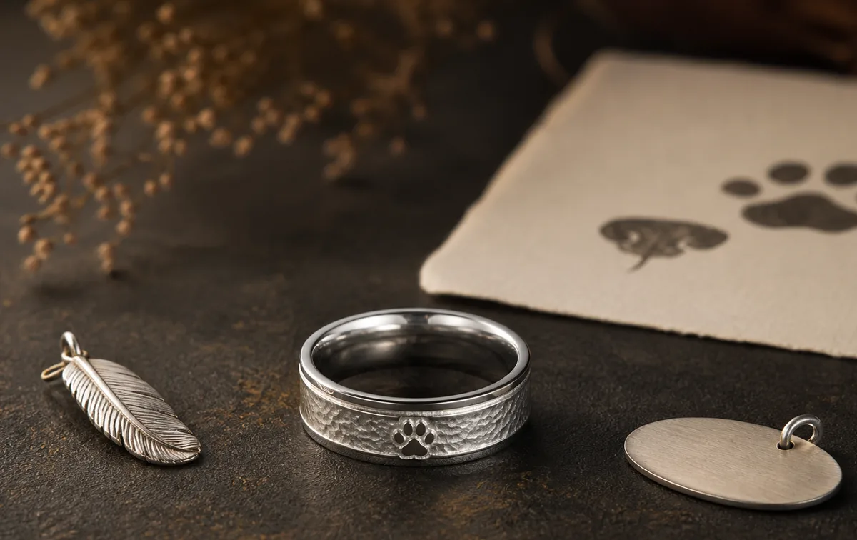 Dog memorial ring gift shown with a silver keepsake ring and thoughtful tribute packaging