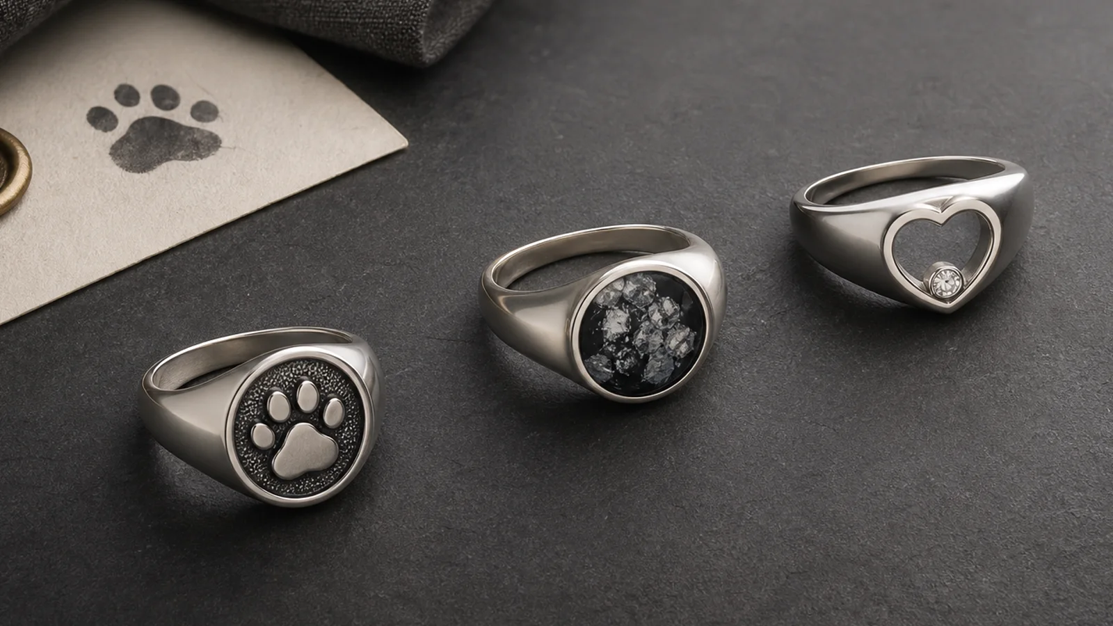 A gallery of dog memorial ring ideas built from paw prints, tags, photos, and short phrases