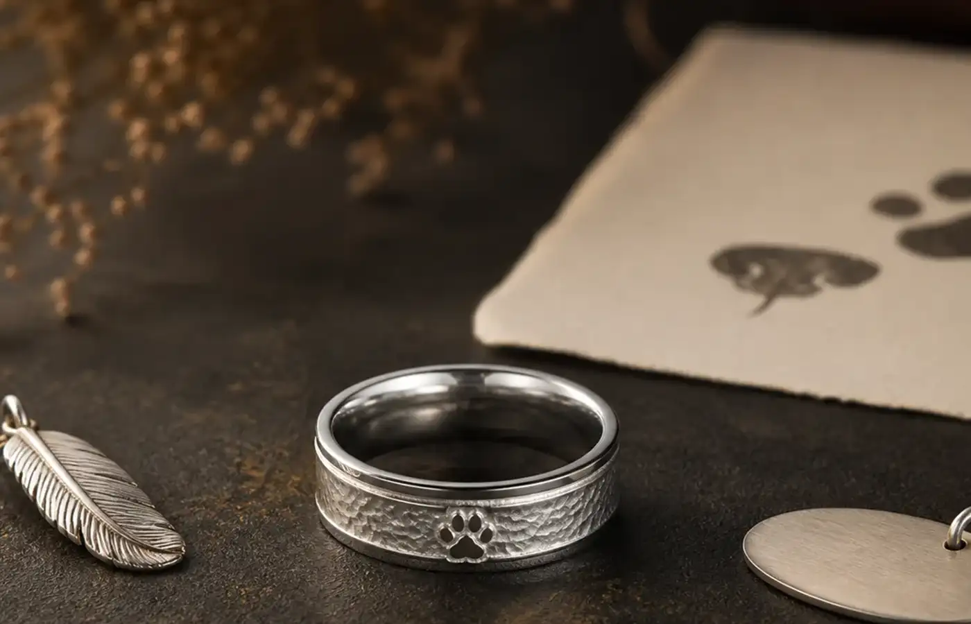 Dog memorial ring sympathy gift guide with a silver ring, small sympathy note, and pet keepsake photo