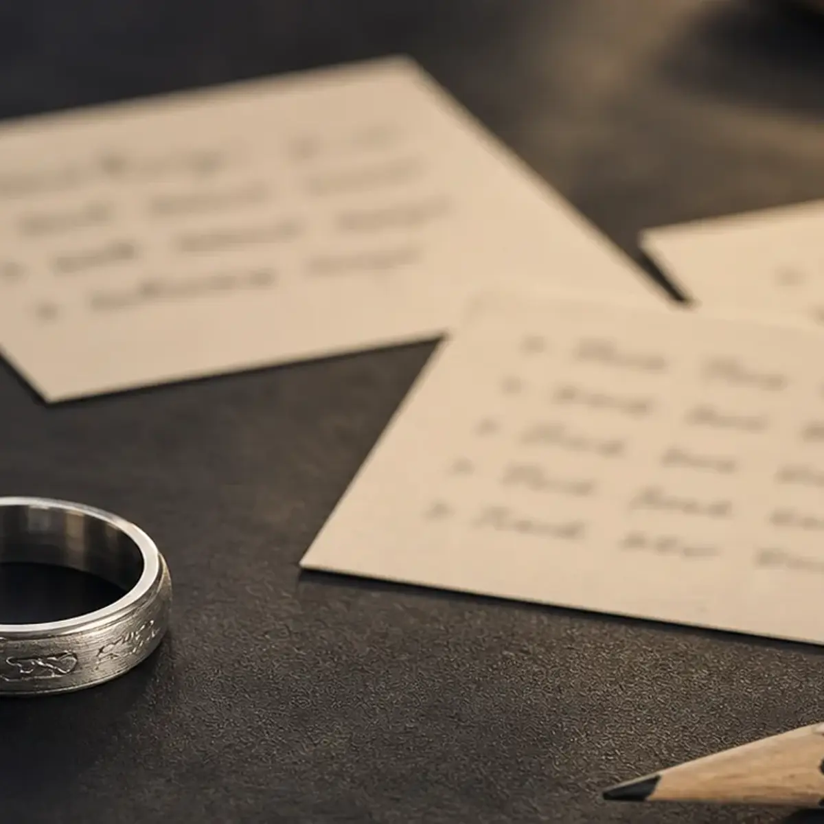 Dog memorial ring with a name and date plan beside a quiet silver band design