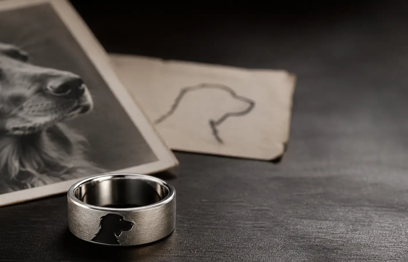 Dog memorial ring without a paw print using a collar tag, soft photo, name card, and silver keepsake band