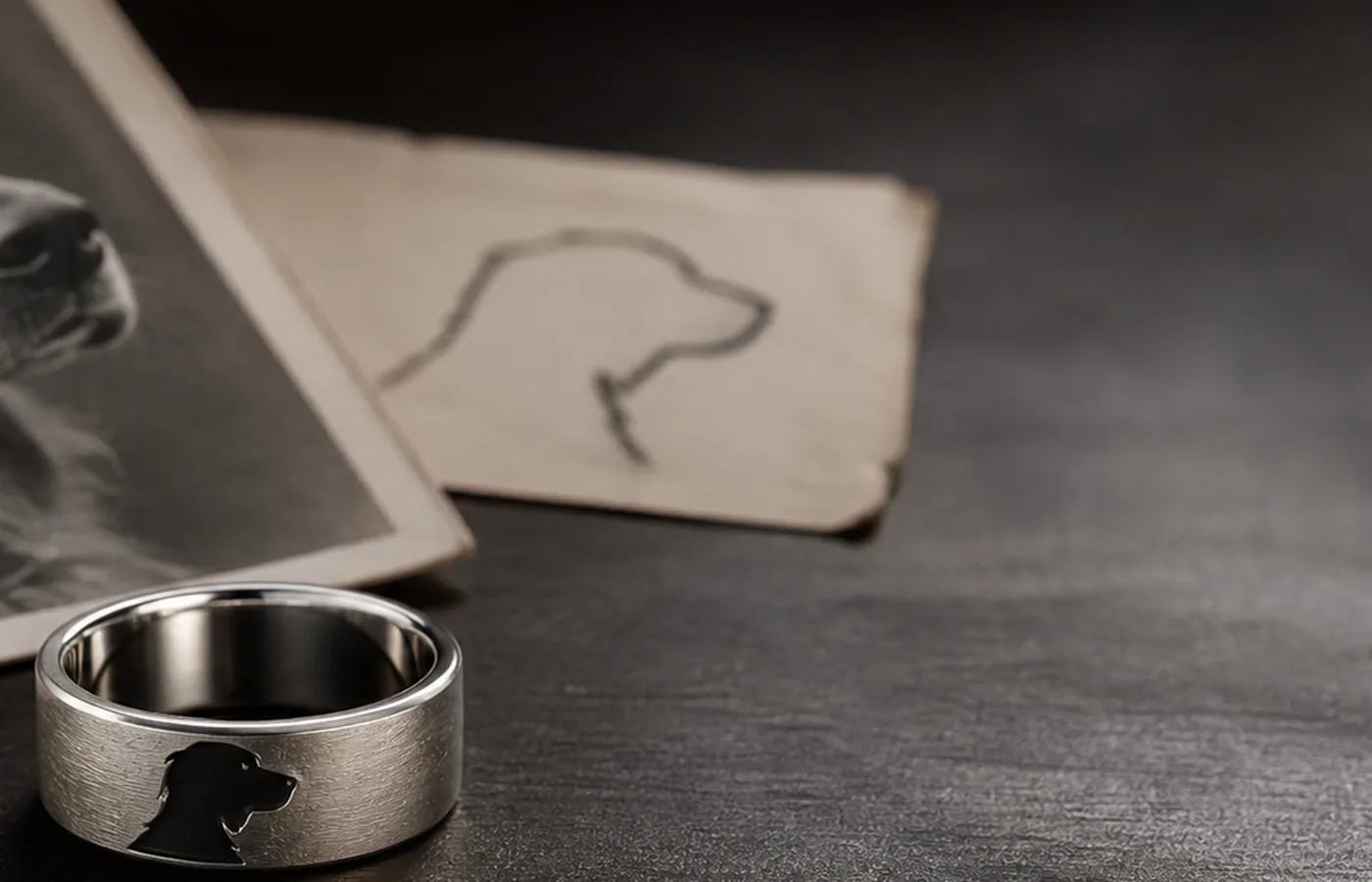 Dog memorial ring with photo and paw print source materials arranged beside a silver keepsake band
