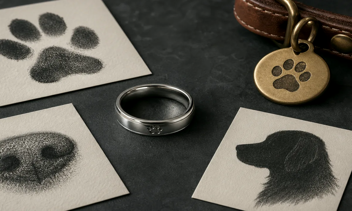 Dog memorial ring without ashes using a photo, collar tag, and print source as remembrance alternatives