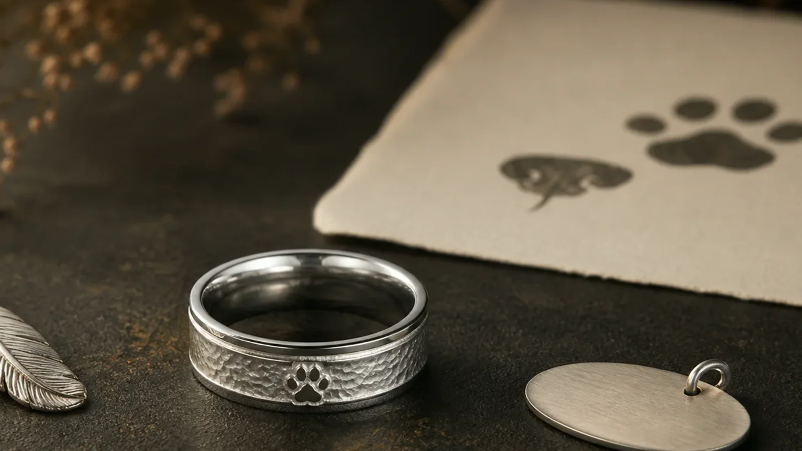 Dog memorial ring without a paw print made with clean symbol, name, and concise engraving detail