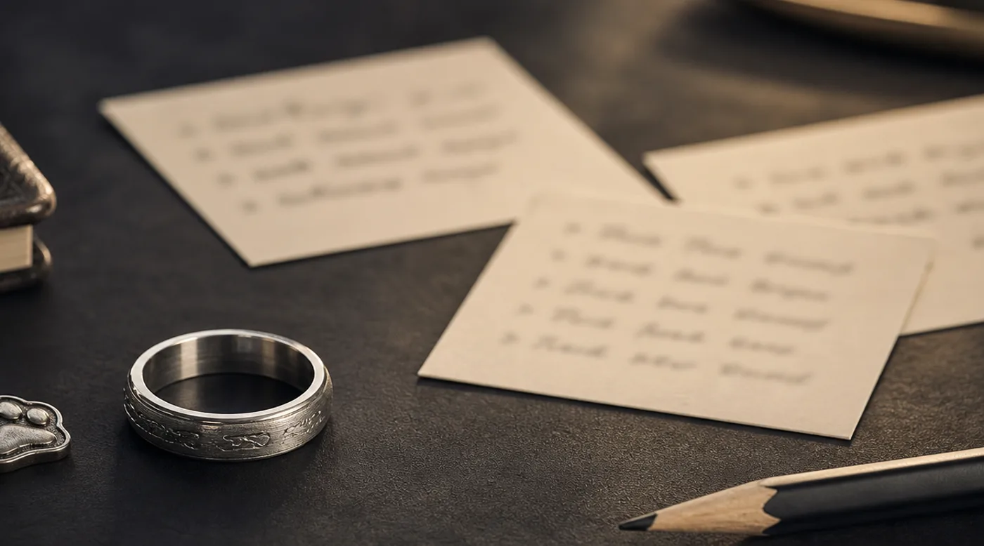 Dog name memorial ring shown with a silver band, collar tag, and handwritten name keepsake