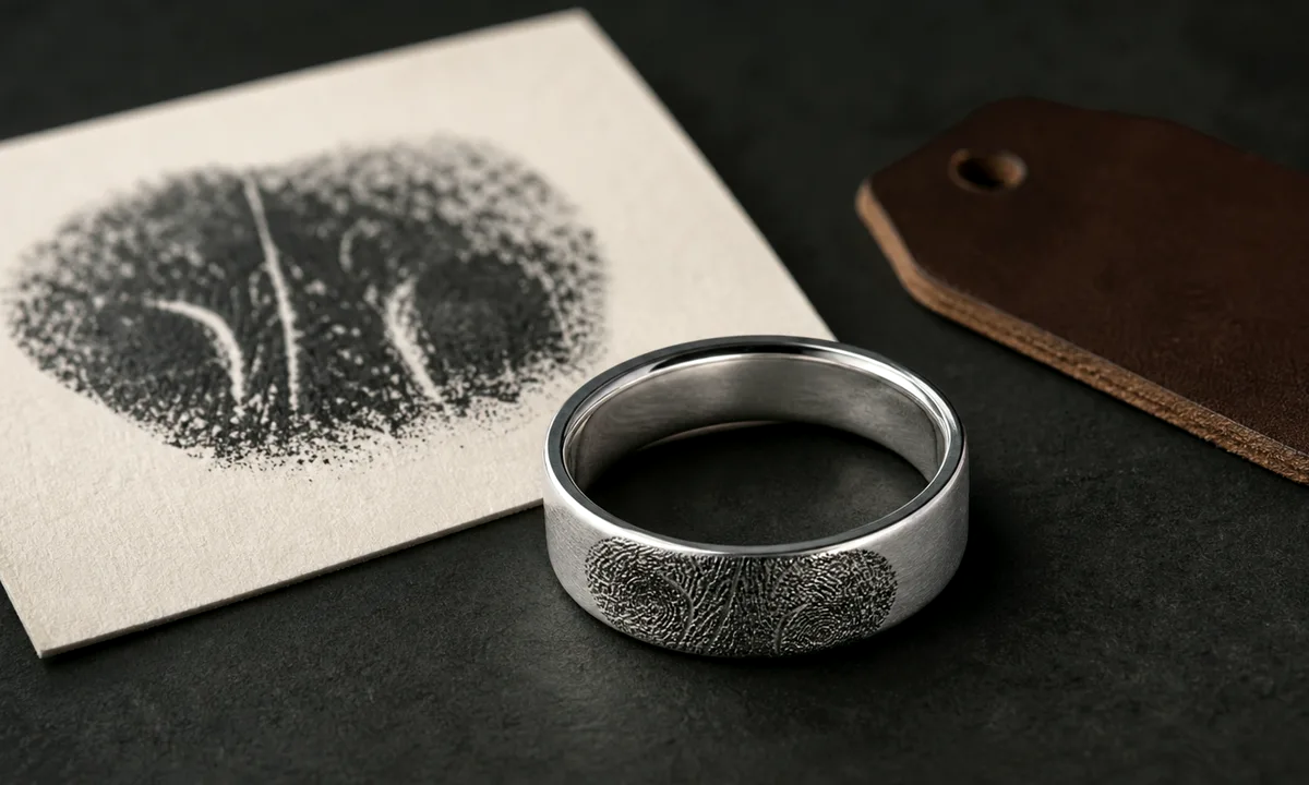 Dog nose print memorial ring source image beside a silver keepsake band and name note