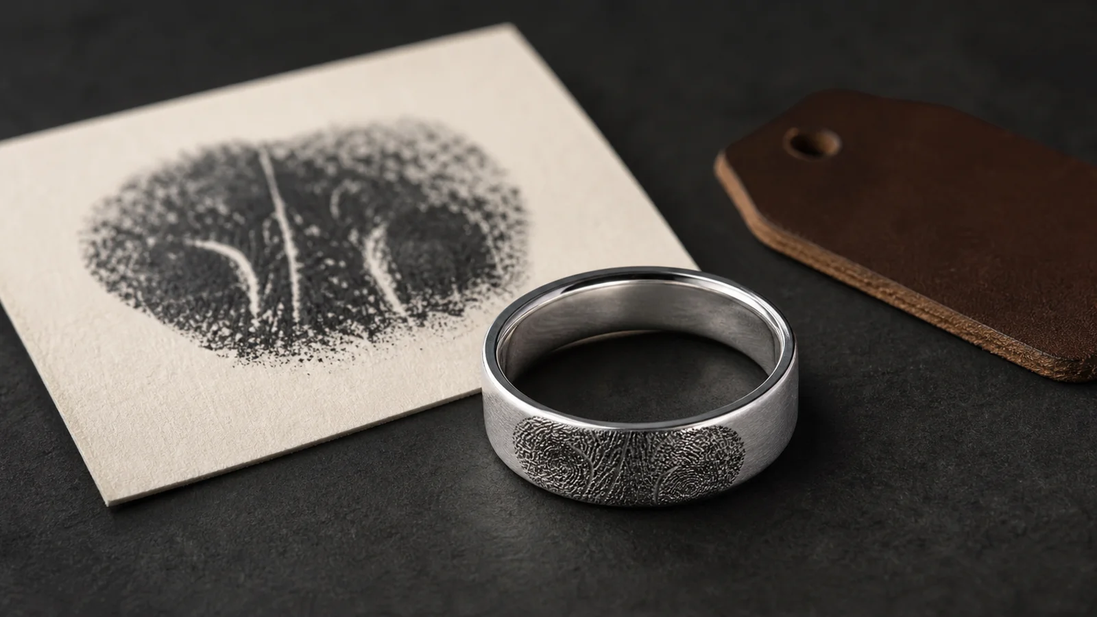 Dog nose print focused on a memorial ring draft layout for readable engraving