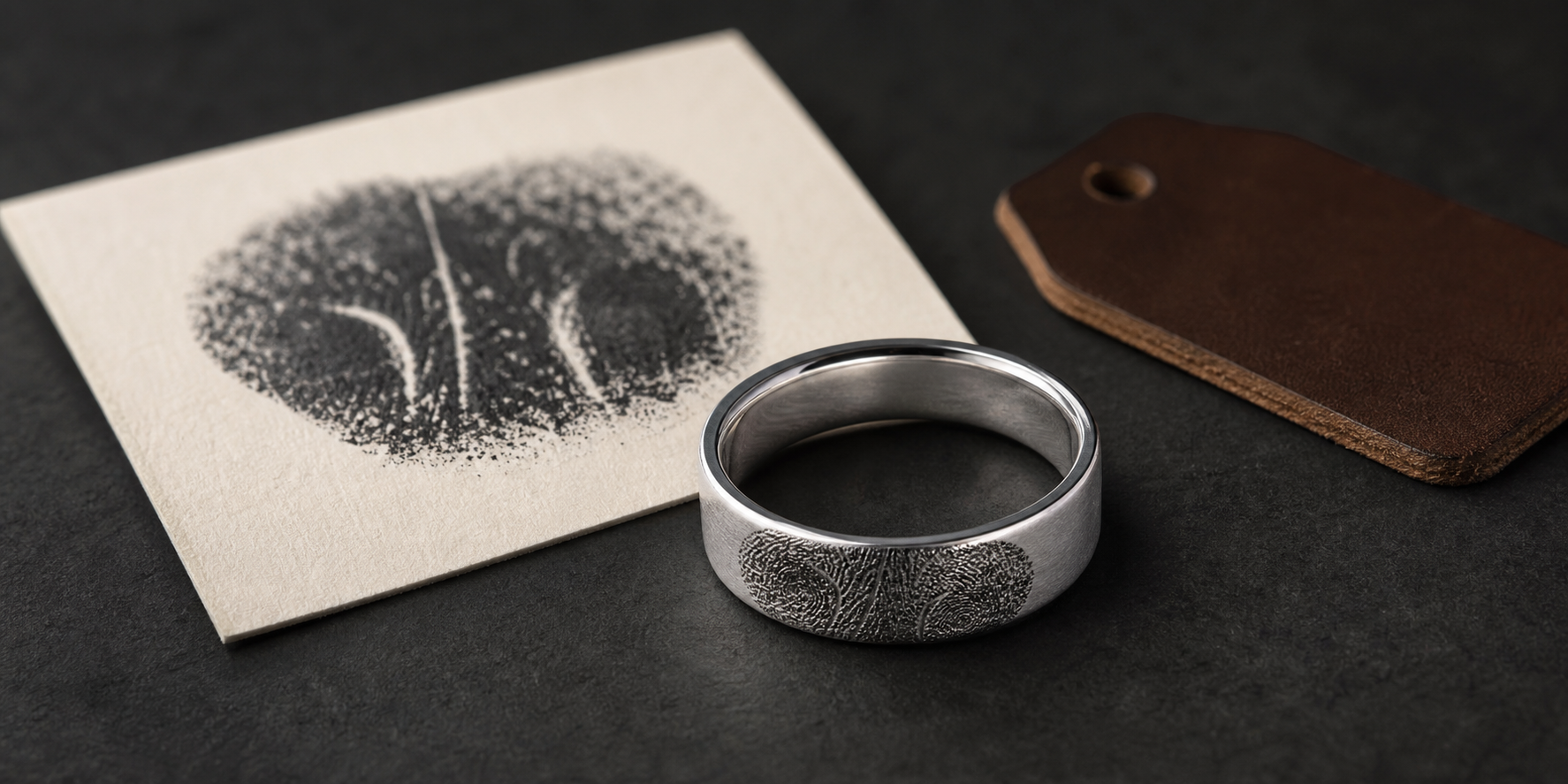 Premium dog nose print ring image with a silver ring engraved with nose texture and a nose print card