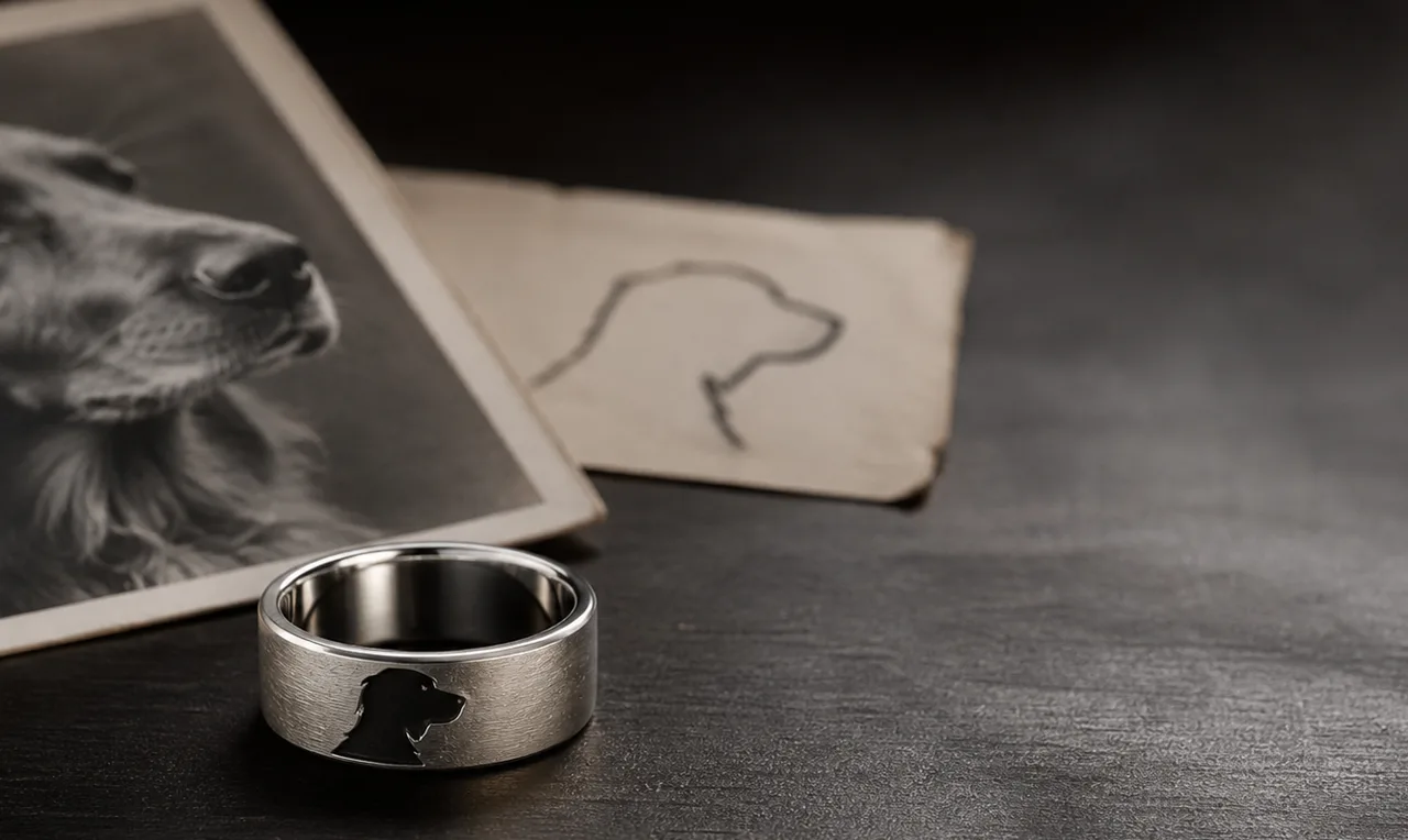 Dog remembrance ring photo ideas guide with a silver ring, dog photo, silhouette card, and collar detail