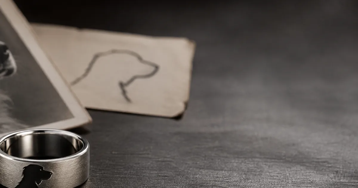 Dog silhouette memorial ring shown with a clean profile outline engraved on a silver band