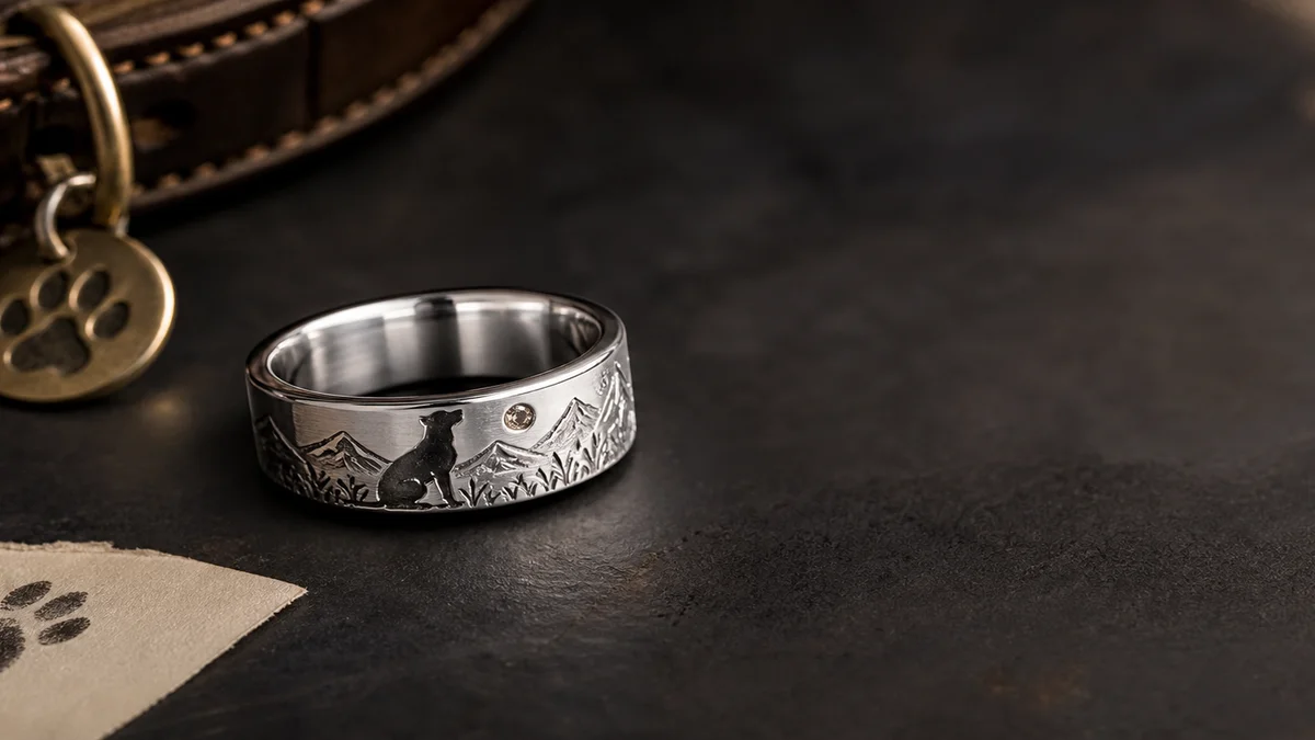 Golden retriever memorial ring with a warm silver band and one breed-specific memorial detail