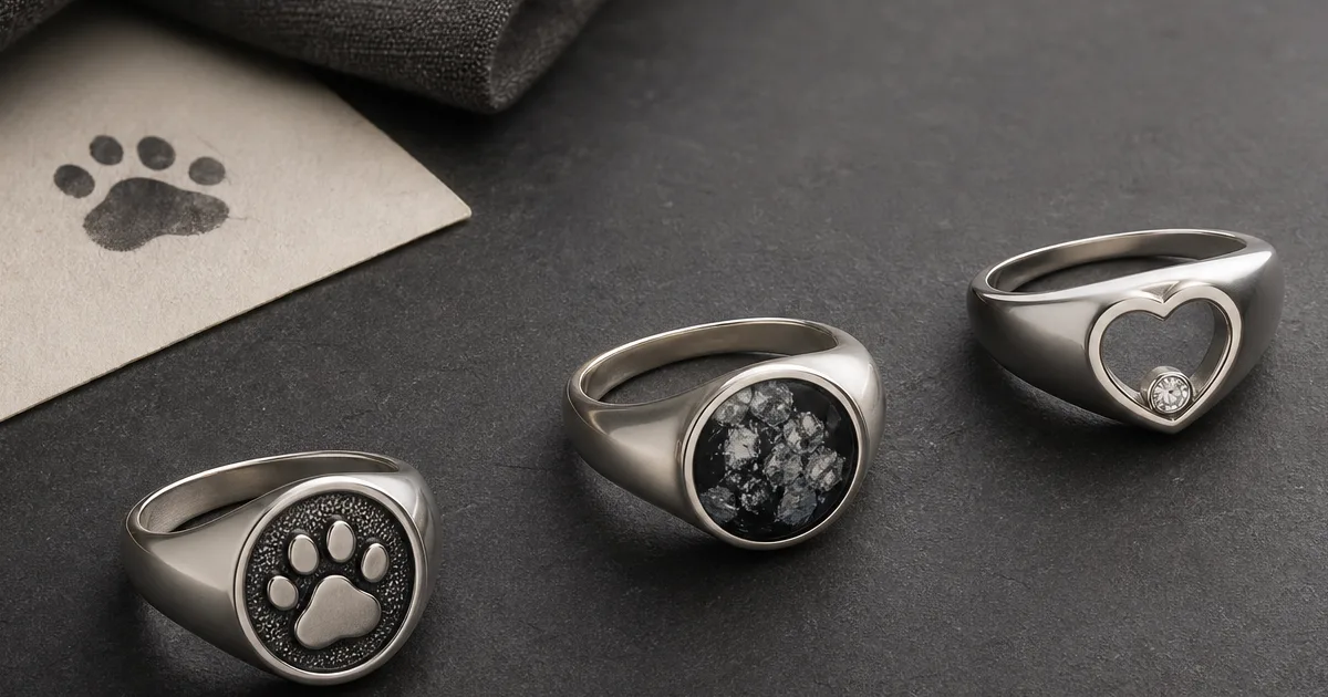 Stacked dog memorial rings representing multiple dogs shown together as a silver band set