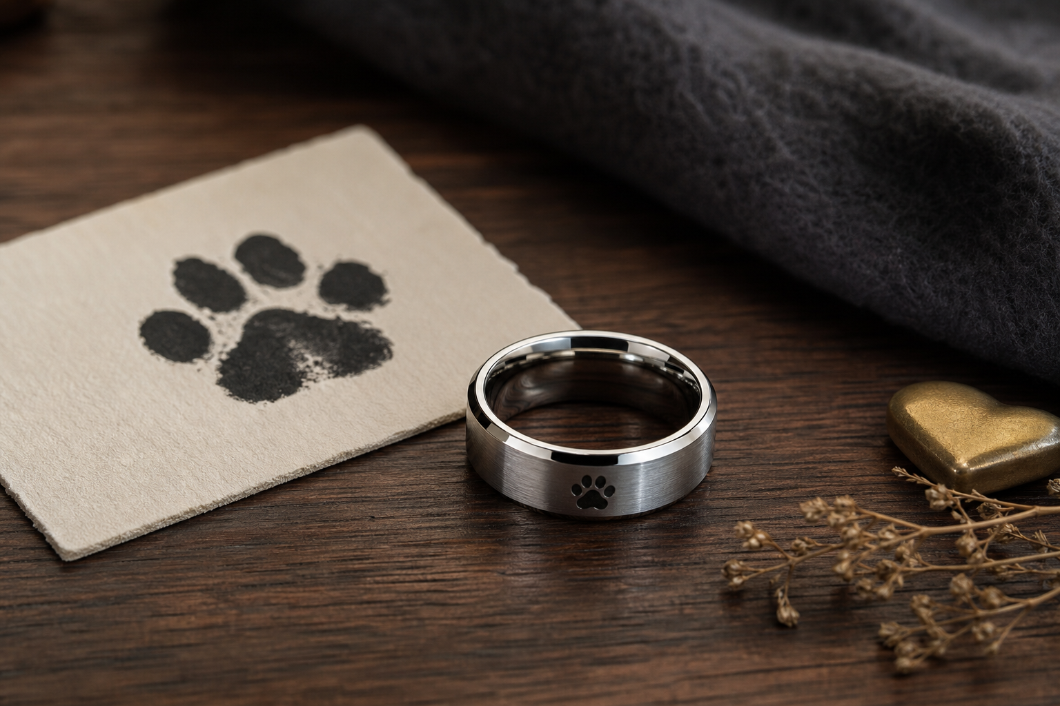 Silver custom memorial ring beside a prepared paw print guide image
