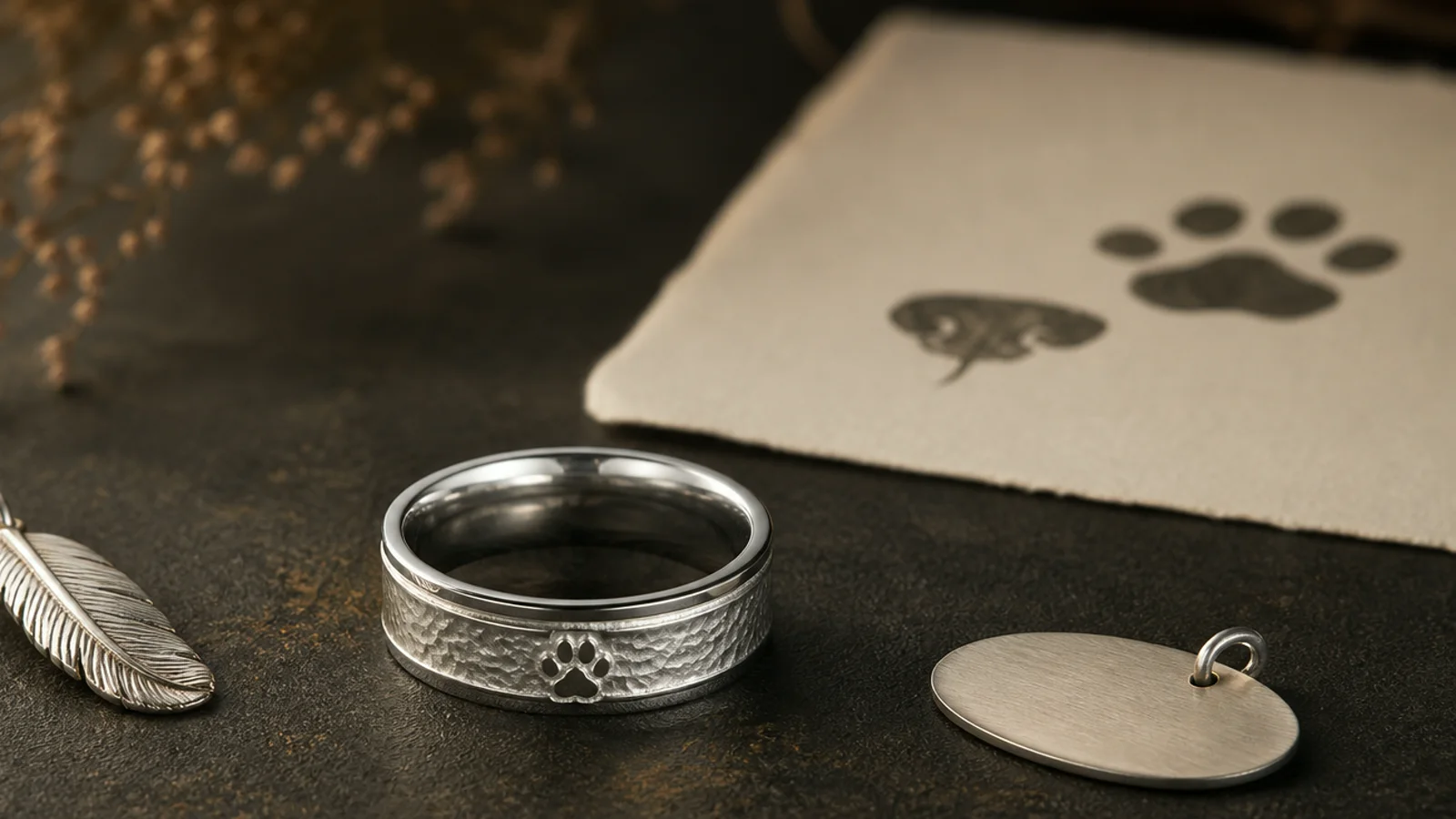 A quiet pet loss memorial ring shown with a collar tag and remembrance details