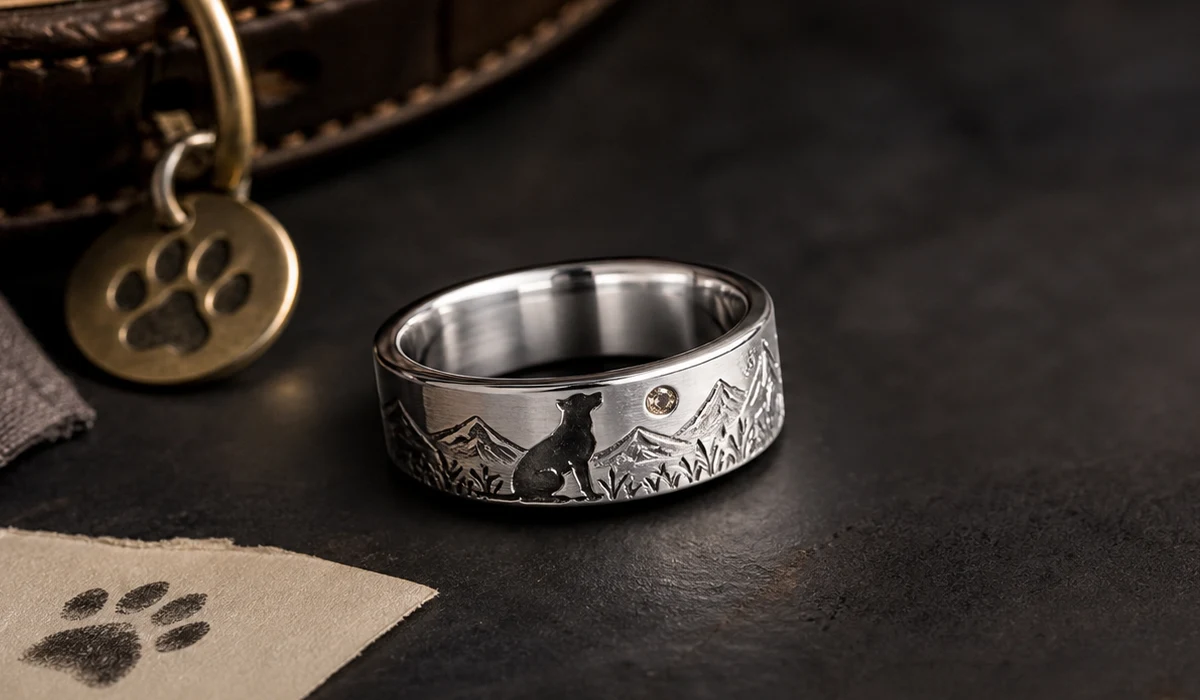 A rainbow bridge memorial ring with quiet silver styling and a gentle pet tribute engraving
