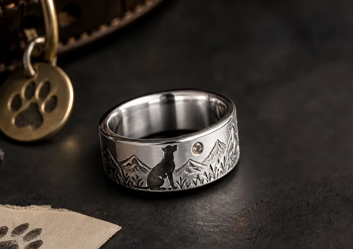 Rainbow Bridge dog memorial ring engraving guide with a silver band, collar tag, and quiet phrase card