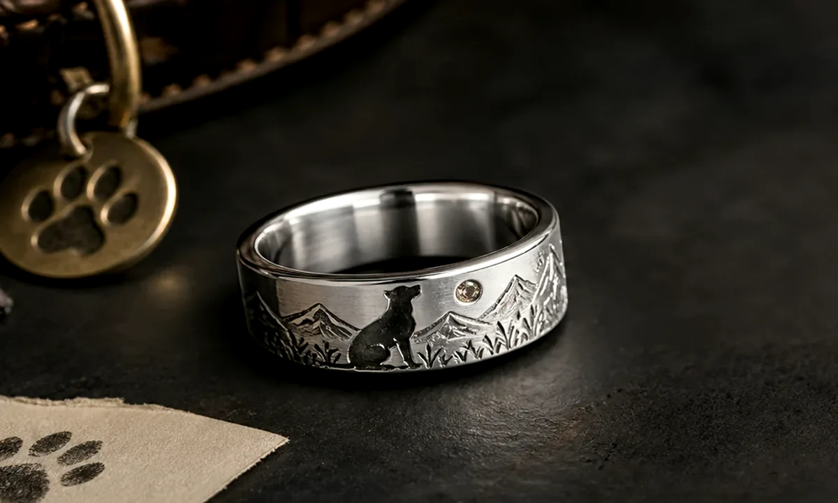 Rainbow Bridge ring engraving ideas with a silver dog memorial band and quiet phrase notes