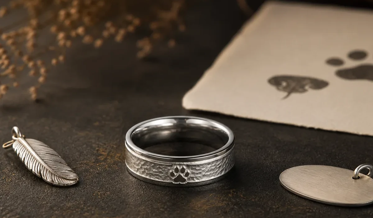 A rescue dog memorial ring shown with a warm silver design and adoption-story keepsake detail