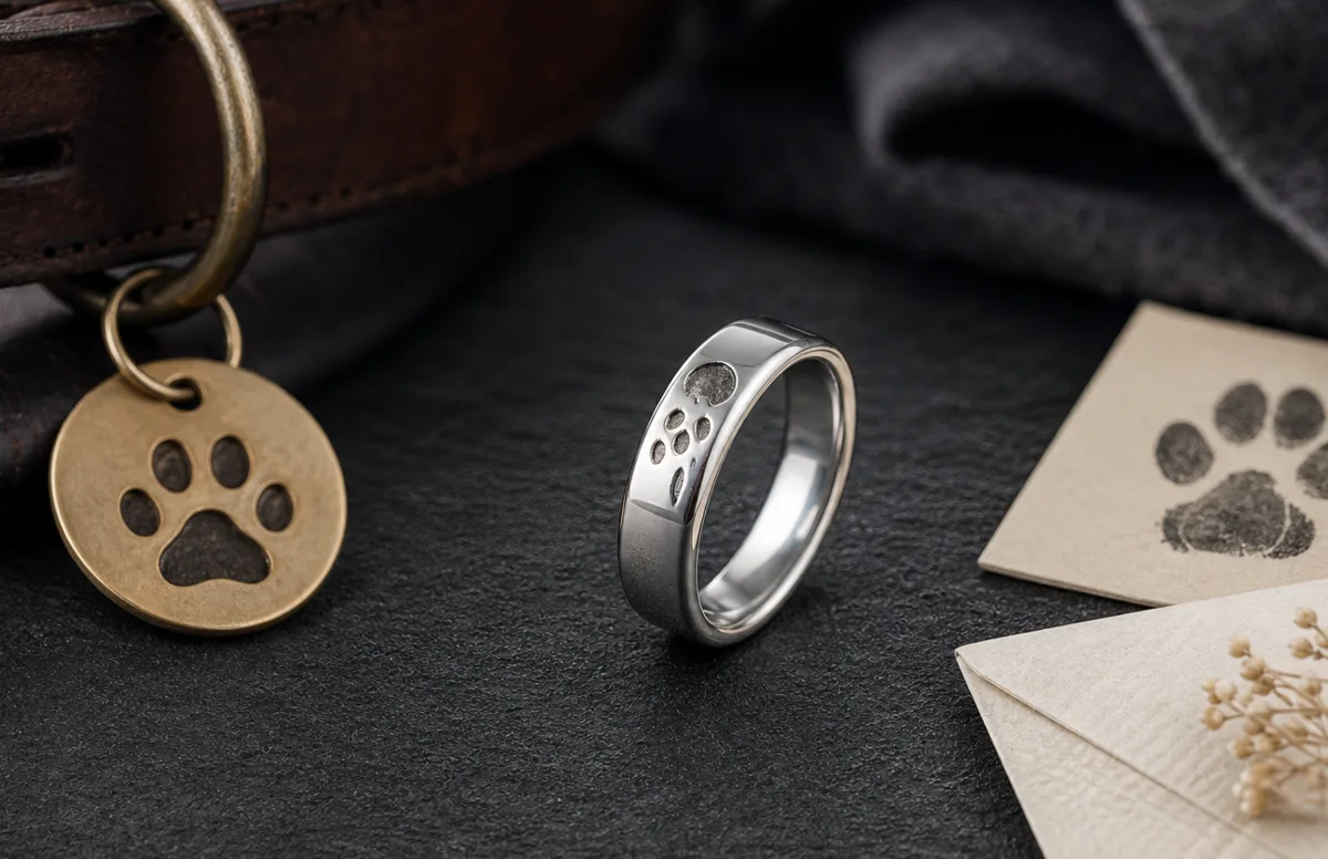 Senior dog memorial ring shown with a quiet silver band and gentle aged-companion tribute details