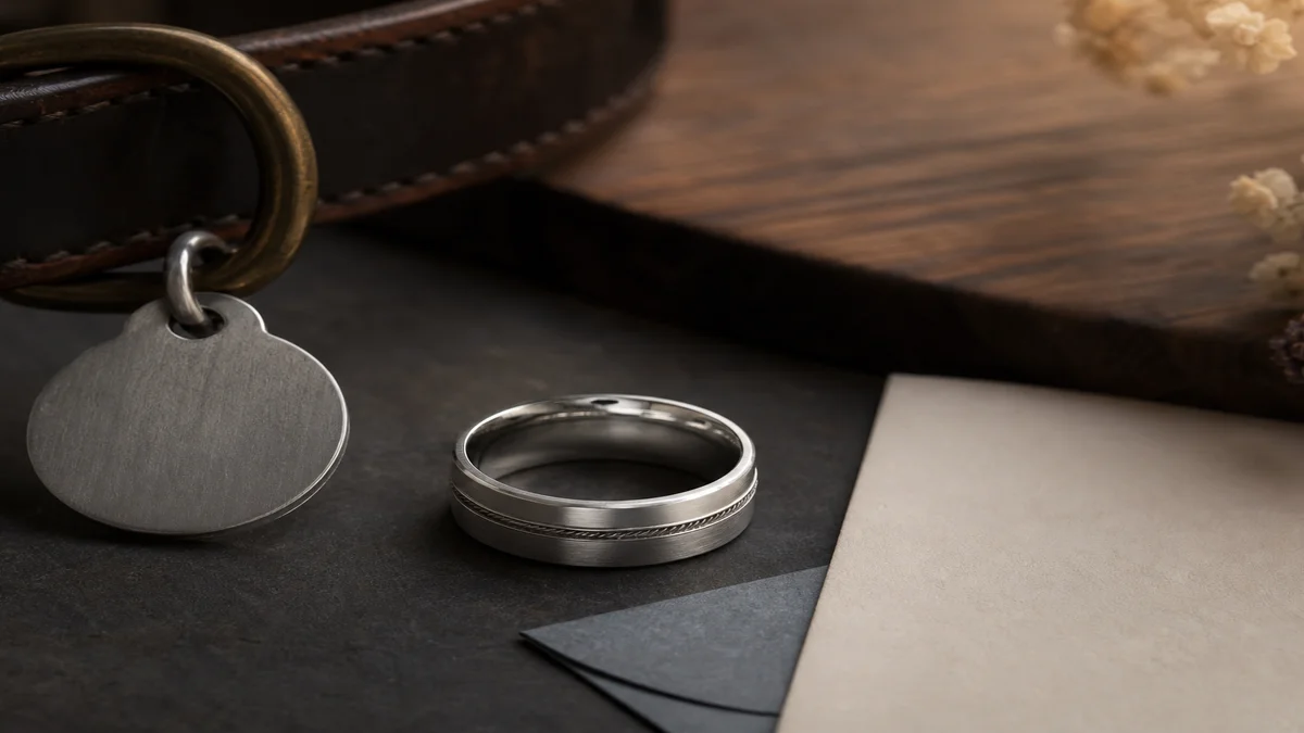 Service dog memorial ring with a focused silver engraving and one working dog memorial detail